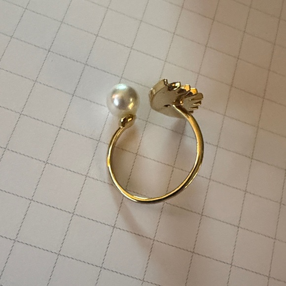 Gold Evil Eye Open Ring with Blue Enamel and Pearl Accent - Picture 2 of 3